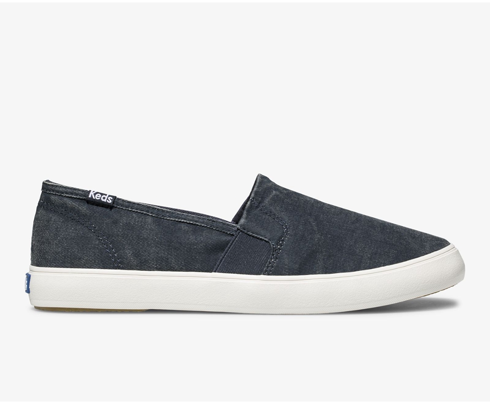 Keds Slip Ons Navy - Clipper Washed Solids - Womens ICQLXU-179